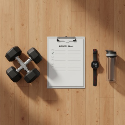 Fitness-Checkup: Hantel, Maßband und Trainingsplan