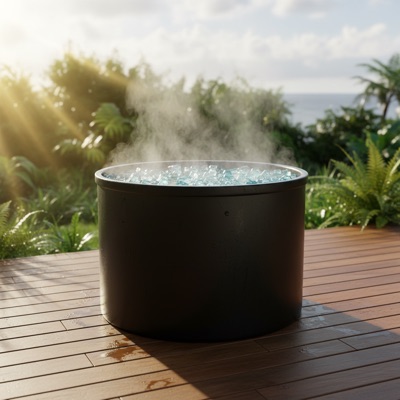 Eisbad Cold Plunge auf Holzterrasse