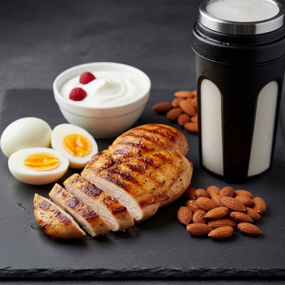 Proteinreiche Lebensmittel: Hähnchen, Eier, Mandeln und Protein-Shake