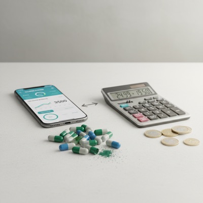 Supplement-Kapseln und Euro-Münzen für Kostenberechnung